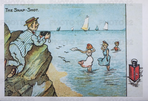 Old postcard. Joke drawing of a photographer taking pictures secretly