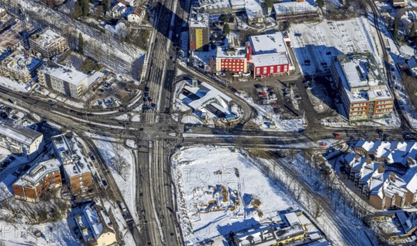 Aerial view, crossing Sittardsberg, Hotel Sittardsberg-Schenkel, Wanheim-Angerhausen, Duisburg, Ruhr area, North Rhine-Westphalia, Germany, DE, Europe, gastronomy, hotel, hotel facilities, hotel business, aerial view, aerial photography, aerial photography, snow, tram stop, road traffic, overview, traffic, traffic volume, bird's eye view, winter, birds-eyes view, cleared road traffic, overview