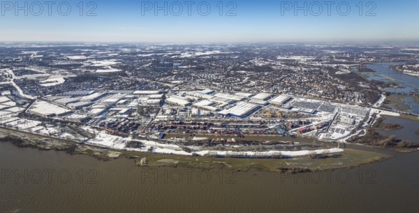 Aerial view, river Ruhr, logport I, terminal, container harbour, DIT Duisburg Intermodal Terminal GmbH, D3T Duisburg Trimodal Terminal, Wanheim-Angerhausen, Duisburg, Ruhr area, North Rhine-Westphalia, Germany, container, container terminal, container service, DE, Port of Duisburg, Duisport, Europe, distant view, river Rhine, freight traffic, port, port area, logistics, logistics centre, aerial view, aerial photography, aerial photography, snow, transport, transport service, overview, bird's-eye view, winter, birds-eyes view, cleared roads, overview