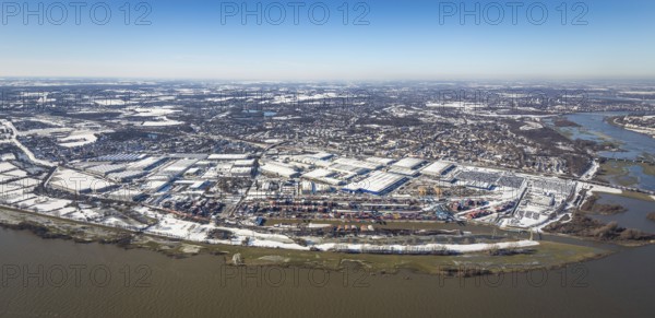 Aerial view, river Ruhr, logport I, terminal, container harbour, DIT Duisburg Intermodal Terminal GmbH, D3T Duisburg Trimodal Terminal, Wanheim-Angerhausen, Duisburg, Ruhr area, North Rhine-Westphalia, Germany, container, container terminal, container service, DE, Port of Duisburg, Duisport, Europe, distant view, river Rhine, freight traffic, port, port area, logistics, logistics centre, aerial view, aerial photography, aerial photography, snow, transport, transport service, overview, bird's-eye view, winter, birds-eyes view, cleared roads, overview