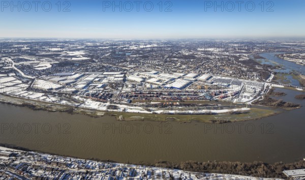 Aerial view, river Ruhr, logport I, terminal, container harbour, DIT Duisburg Intermodal Terminal GmbH, D3T Duisburg Trimodal Terminal, Wanheim-Angerhausen, Duisburg, Ruhr area, North Rhine-Westphalia, Germany, container, container terminal, container service, DE, Port of Duisburg, Duisport, Europe, distant view, river Rhine, freight traffic, port, port area, logistics, logistics centre, aerial view, aerial photography, aerial photography, snow, transport, transport service, overview, bird's-eye view, winter, birds-eyes view, cleared roads, overview