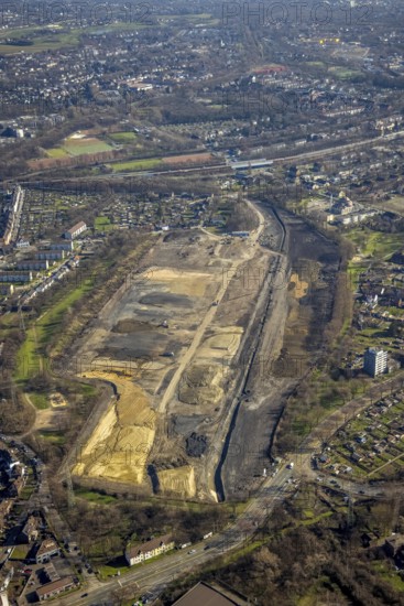 Aerial view, planned green neighbourhood Friedrich-Park, former colliery Friedrich Thyssen Schacht 2/5, Marxloh, Duisburg, Ruhr area, North Rhine-Westphalia, Germany, construction work, building, construction area, building site, building plots, construction project, construction site, DE, Europe, aerial view, aerial photography, aerial photography, park, overview, bird's eye view, birds-eyes view, overview