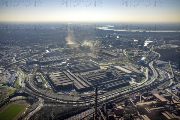 Aerial view, thyssenkrupp Steel Europe - Warmbandwerk 1, Marxloh, Duisburg, Ruhr area, North Rhine-Westphalia, Germany, DE, Europe, commercial enterprises, commercial area, commercial site, commercial use, industrial area, industrial building, industrial site, aerial view, aerial photography, aerial photography, overview, bird's-eye view, overview