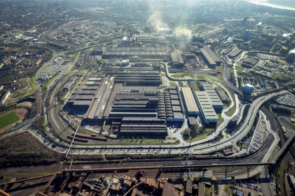 Aerial view, thyssenkrupp Steel Europe - Warmbandwerk 1, Marxloh, Duisburg, Ruhr area, North Rhine-Westphalia, Germany, DE, Europe, commercial enterprises, commercial area, commercial site, commercial use, industrial area, industrial building, industrial site, aerial view, aerial photography, aerial photography, overview, bird's-eye view, overview