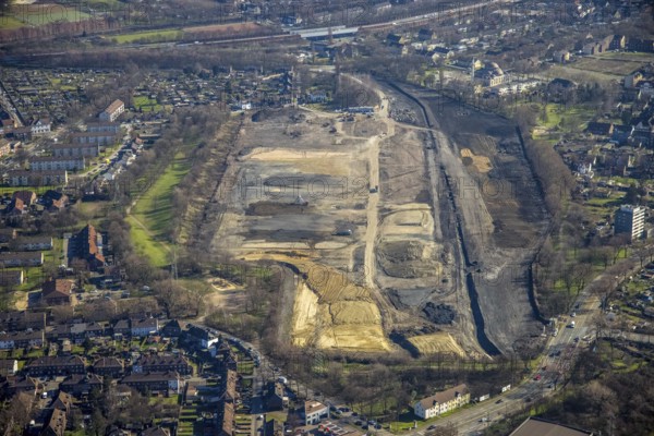 Aerial view, planned green neighbourhood Friedrich-Park, former colliery Friedrich Thyssen Schacht 2/5, Marxloh, Duisburg, Ruhr area, North Rhine-Westphalia, Germany, construction work, building, construction area, building site, building plots, construction project, construction site, DE, Europe, aerial view, aerial photography, aerial photography, park, overview, bird's eye view, birds-eyes view, overview