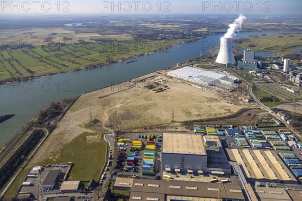 Aerial view, Logport 6, Duisport, near coal-fired power station Steak Walsum, Rhine, Alt-Walsum, Duisburg, Ruhr area, North Rhine-Westphalia, Germany, DE, Europe, birds-eyes view, aerial photograph, aerial photography, aerial photography, overview, bird's eye view