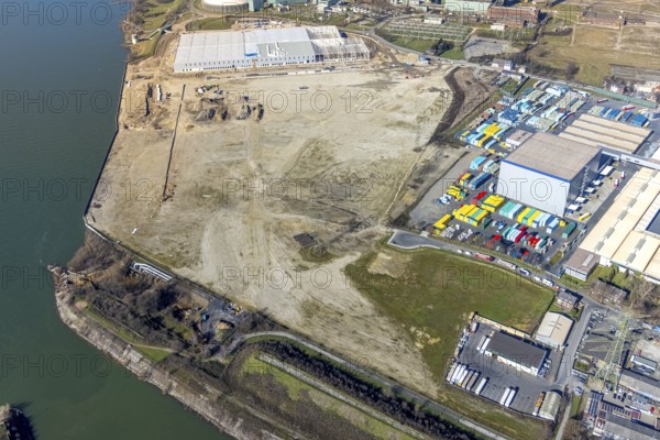 Aerial view, Logport 6, Duisport, near coal-fired power station Steak Walsum, Rhine, Alt-Walsum, Duisburg, Ruhr area, North Rhine-Westphalia, Germany, DE, Europe, birds-eyes view, aerial photograph, aerial photography, aerial photography, overview, bird's eye view