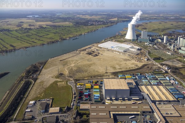 Aerial view, Logport 6, Duisport, near coal-fired power station Steak Walsum, Rhine, Alt-Walsum, Duisburg, Ruhr area, North Rhine-Westphalia, Germany, DE, Europe, birds-eyes view, aerial photograph, aerial photography, aerial photography, overview, bird's eye view