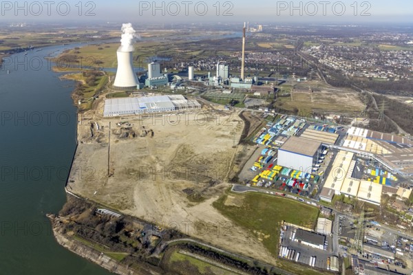 Aerial view, Logport 6, Duisport, near coal-fired power station Steak Walsum, Rhine, Alt-Walsum, Duisburg, Ruhr area, North Rhine-Westphalia, Germany, DE, Europe, birds-eyes view, aerial photograph, aerial photography, aerial photography, overview, bird's eye view