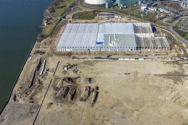 Aerial view, Logport 6, Duisport, near coal-fired power station Steak Walsum, Rhine, Alt-Walsum, Duisburg, Ruhr area, North Rhine-Westphalia, Germany, DE, Europe, birds-eyes view, aerial photograph, aerial photography, aerial photography, overview, bird's eye view