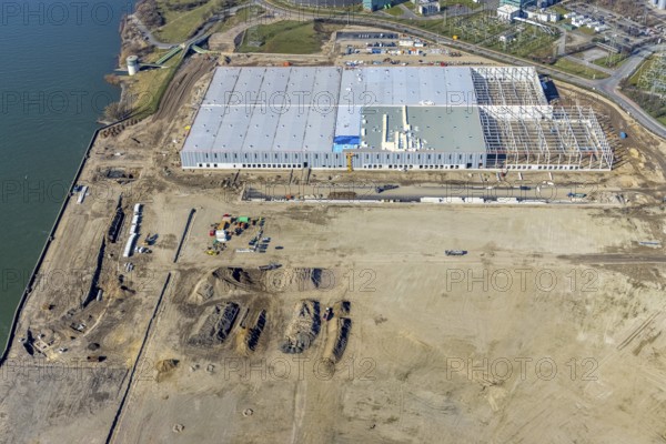 Aerial view, Logport 6, Duisport, near coal-fired power station Steak Walsum, Rhine, Alt-Walsum, Duisburg, Ruhr area, North Rhine-Westphalia, Germany, DE, Europe, birds-eyes view, aerial photograph, aerial photography, aerial photography, overview, bird's eye view