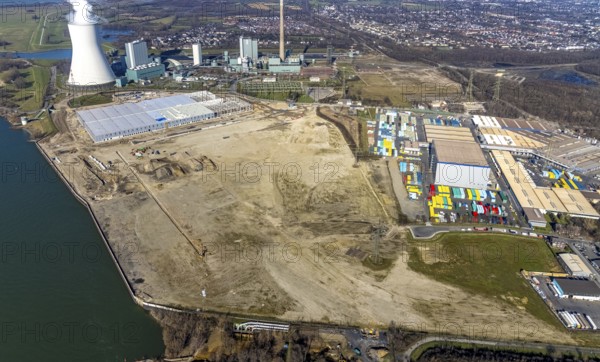 Aerial view, Logport 6, Duisport, near coal-fired power station Steak Walsum, Rhine, Alt-Walsum, Duisburg, Ruhr area, North Rhine-Westphalia, Germany, DE, Europe, birds-eyes view, aerial photograph, aerial photography, aerial photography, overview, bird's eye view