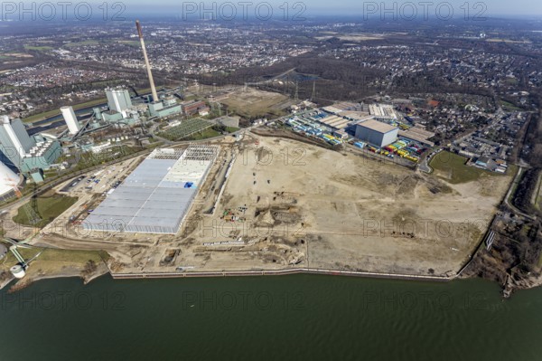 Aerial view, Logport 6, Duisport, near coal-fired power station Steak Walsum, Rhine, Alt-Walsum, Duisburg, Ruhr area, North Rhine-Westphalia, Germany, DE, Europe, birds-eyes view, aerial photograph, aerial photography, aerial photography, overview, bird's eye view