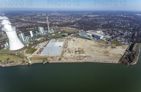 Aerial view, Logport 6, Duisport, near coal-fired power station Steak Walsum, Rhine, Alt-Walsum, Duisburg, Ruhr area, North Rhine-Westphalia, Germany, DE, Europe, birds-eyes view, aerial photograph, aerial photography, aerial photography, overview, bird's eye view