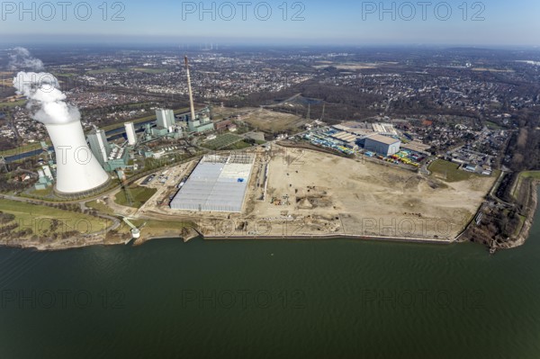 Aerial view, Logport 6, Duisport, near coal-fired power station Steak Walsum, Rhine, Alt-Walsum, Duisburg, Ruhr area, North Rhine-Westphalia, Germany, DE, Europe, birds-eyes view, aerial photograph, aerial photography, aerial photography, overview, bird's eye view
