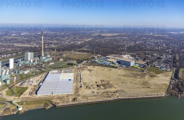Aerial view, Logport 6, Duisport, near coal-fired power station Steak Walsum, Rhine, Alt-Walsum, Duisburg, Ruhr area, North Rhine-Westphalia, Germany, DE, Europe, birds-eyes view, aerial photograph, aerial photography, aerial photography, overview, bird's eye view