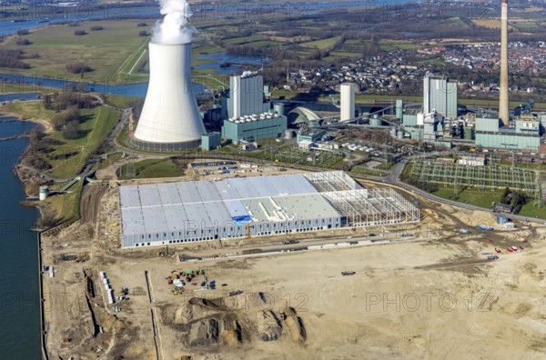 Aerial view, Logport 6, Duisport, near coal-fired power station Steak Walsum, Rhine, Alt-Walsum, Duisburg, Ruhr area, North Rhine-Westphalia, Germany, DE, Europe, birds-eyes view, aerial photograph, aerial photography, aerial photography, overview, bird's eye view
