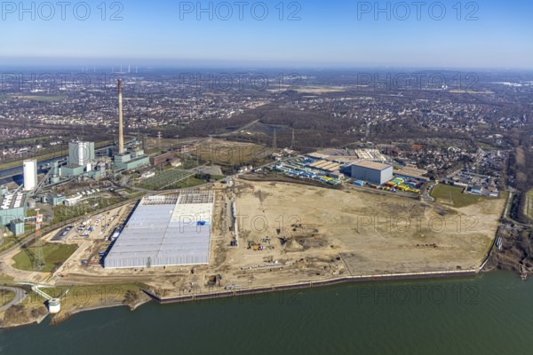 Aerial view, Logport 6, Duisport, near coal-fired power station Steak Walsum, Rhine, Alt-Walsum, Duisburg, Ruhr area, North Rhine-Westphalia, Germany, DE, Europe, birds-eyes view, aerial photograph, aerial photography, aerial photography, overview, bird's eye view