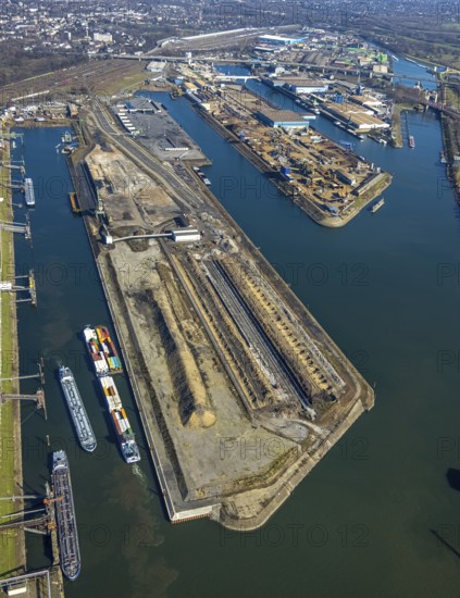 Aerial view, Duisburg harbour, coal island, Duisport, Rhine-Herne Canal, Ruhr, Ruhrort, Duisburg, Ruhr area, North Rhine-Westphalia, Germany, DE, Europe, birds-eyes view, aerial view, aerial photography, aerial photography, overview, bird's eye view