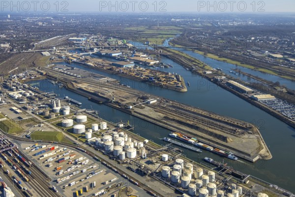 Aerial view, Duisburg harbour, coal island, Duisport, Rhine-Herne Canal, Ruhr, Ruhrort, Duisburg, Ruhr area, North Rhine-Westphalia, Germany, DE, Europe, birds-eyes view, aerial view, aerial photography, aerial photography, overview, bird's eye view