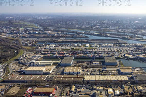 Aerial view, Duisburg harbour, coal island, Duisport, Rhine-Herne Canal, Ruhr, Ruhrort, Duisburg, Ruhr area, North Rhine-Westphalia, Germany, DE, Europe, birds-eyes view, aerial view, aerial photography, aerial photography, overview, bird's eye view