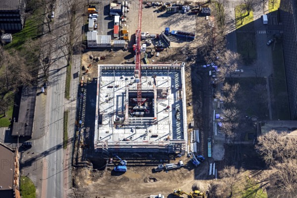 Aerial view, construction site new building on the administration site thyssenkrupp Steel Europe AG, Bruckhausen, Duisburg, Ruhr area, North Rhine-Westphalia, Germany, construction work, construction, construction area, construction site, building plots, construction crane, construction project, construction site, DE, Europe, Franz-Lenze-Straße, aerial view, aerial photography, aerial photography, new building, overview, bird's-eye view, bird's-eye view, overview