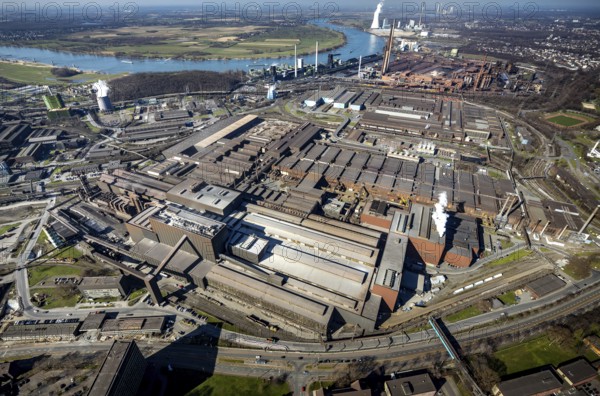 Aerial view, thyssenkrupp Steel Europe, river Rhine, Marxloh, Duisburg, Ruhr area, North Rhine-Westphalia, Germany, DE, Europe, commercial enterprises, commercial area, commercial park, commercial location, commercial use, industrial area, industrial building, industrial location, aerial photograph, aerial photography, aerial photography, overview, bird's-eye view, overview