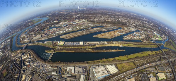 Aerial view, Duisburg harbour, coal island, Duisport, Rhine-Herne Canal, Ruhr, fisheye image, Ruhrort, Duisburg, Ruhr area, North Rhine-Westphalia, Germany, DE, Europe, birds-eyes view, aerial photography, aerial photography, overview, overview, bird's eye view