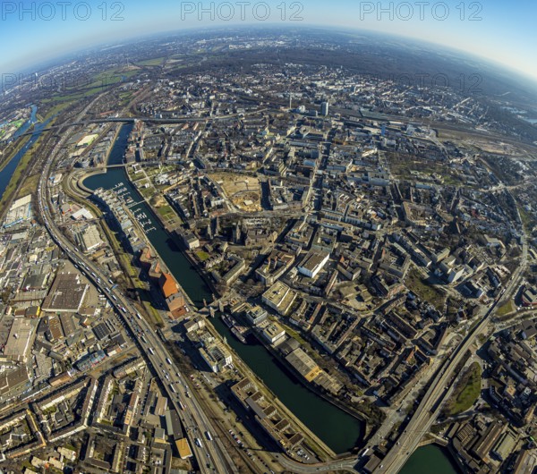 Aerial photo, inner harbour, Schwanentor, fisheye, Duisburg-Mitte, Duisburg town hall, Ruhrort, Duisburg, Ruhr area, North Rhine-Westphalia, Germany, DE, Europe, birds-eyes view, aerial photography, aerial photography, overview, bird's eye view