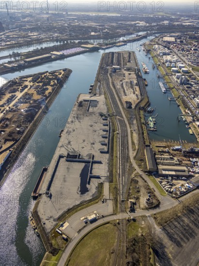 Aerial view, Duisburg harbour, coal island, Duisport, Rhine-Herne Canal, Ruhr, Ruhrort, Duisburg, Ruhr area, North Rhine-Westphalia, Germany, DE, Europe, birds-eyes view, aerial view, aerial photography, aerial photography, overview, bird's eye view