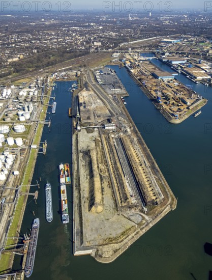 Aerial view, Duisburg harbour, coal island, Duisport, Rhine-Herne Canal, Ruhr, Ruhrort, Duisburg, Ruhr area, North Rhine-Westphalia, Germany, DE, Europe, birds-eyes view, aerial view, aerial photography, aerial photography, overview, bird's eye view