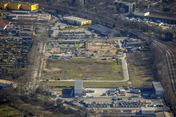 Aerial view, construction site, commercial area Im Holtkamp, recycling centre, Röttgersbach, Duisburg, Ruhr area, North Rhine-Westphalia, Germany, construction work, building, construction area, building site, building plots, construction project, construction site, DE, Europe, commercial enterprises, commercial area, commercial park, commercial site, commercial use, industrial area, industrial site, aerial photograph, aerial photography, aerial photography, new construction, overview, bird's eye view, birds-eyes view, overview
