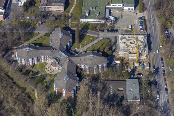 Aerial view, Walter Cordes residential home at Evang. Hospital Duisburg-Nord, construction site Fahrner Straße, Röttgersbach, Duisburg, Ruhr area, North Rhine-Westphalia, Germany, retirement home, old people's home, construction work, building, construction area, building site, building plots, construction project, construction site, care and nursing, DE, Europe, Fahrner Straße, aerial photograph, aerial photography, aerial photography, new building, care facility, retirement home, retirement residence, retirement home, retirement centre, overview, bird's eye view, residential home, birds-eyes view, overview