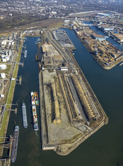 Aerial view, Duisburg harbour, coal island, Duisport, Rhine-Herne Canal, Ruhr, Ruhrort, Duisburg, Ruhr area, North Rhine-Westphalia, Germany, DE, Europe, birds-eyes view, aerial view, aerial photography, aerial photography, overview, bird's eye view