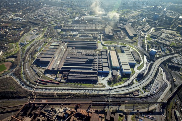 Aerial view, thyssenkrupp Steel Europe - Warmbandwerk 1, Marxloh, Duisburg, Ruhr area, North Rhine-Westphalia, Germany, DE, Europe, commercial enterprises, commercial area, commercial site, commercial use, industrial area, industrial building, industrial site, aerial view, aerial photography, aerial photography, overview, bird's-eye view, overview