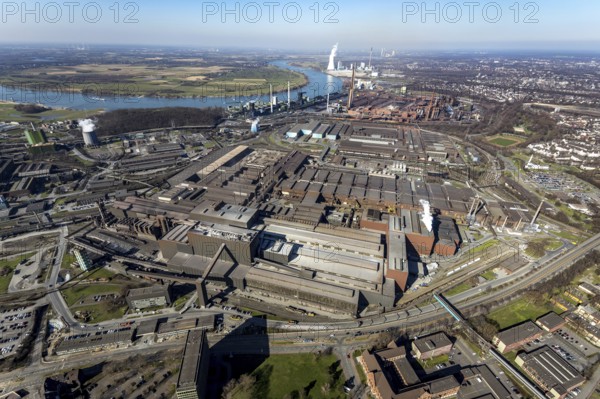 Aerial view, thyssenkrupp Steel Europe, river Rhine, Marxloh, Duisburg, Ruhr area, North Rhine-Westphalia, Germany, DE, Europe, commercial enterprises, commercial area, commercial park, commercial location, commercial use, industrial area, industrial building, industrial location, aerial photograph, aerial photography, aerial photography, overview, bird's-eye view, overview