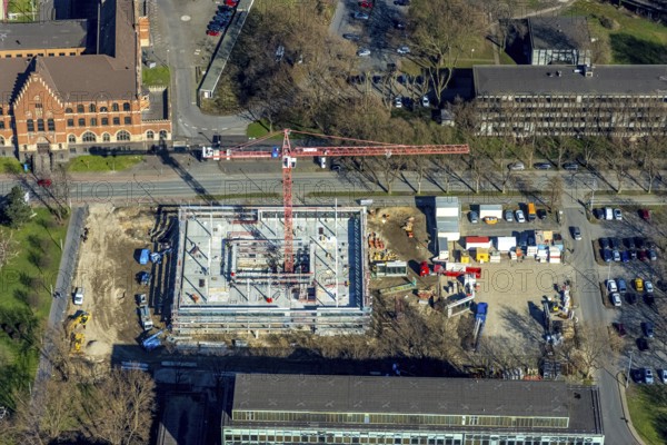 Aerial view, construction site new building on the administration site thyssenkrupp Steel Europe AG, Bruckhausen, Duisburg, Ruhr area, North Rhine-Westphalia, Germany, construction work, construction, construction area, construction site, building plots, construction crane, construction project, construction site, DE, Europe, Franz-Lenze-Straße, aerial view, aerial photography, aerial photography, new building, overview, bird's-eye view, bird's-eye view, overview