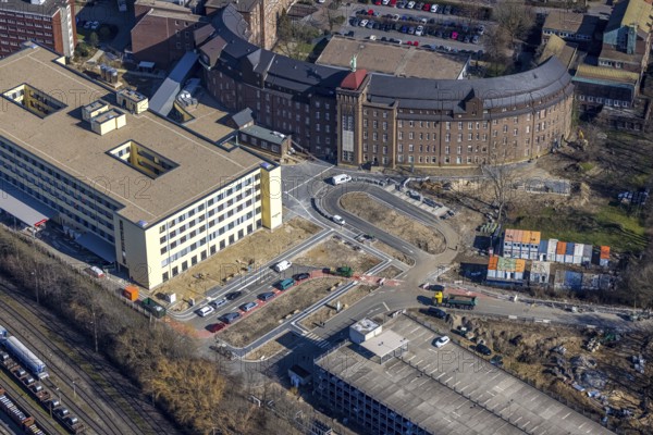Aerial view, construction site new building and extension of Helios St. Johannes Klinik, Alt-Hamborn, Duisburg, Ruhr area, North Rhine-Westphalia, Germany, An der Abtei, DE, Europe, healthcare, hospital, paediatric clinic, clinic, clinical centre, hospital, aerial view, aerial photography, aerial photography, medical facility, medical aid, emergency service, Propsteikirche St. Johann, overview, bird's eye view, bird's eye view, catholic church, overview, medical care