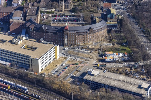 Aerial view, construction site new building and extension of Helios St. Johannes Klinik, Alt-Hamborn, Duisburg, Ruhr area, North Rhine-Westphalia, Germany, An der Abtei, DE, Europe, healthcare, hospital, paediatric clinic, clinic, clinical centre, hospital, aerial view, aerial photography, aerial photography, medical facility, medical aid, emergency service, Propsteikirche St. Johann, overview, bird's eye view, bird's eye view, catholic church, overview, medical care