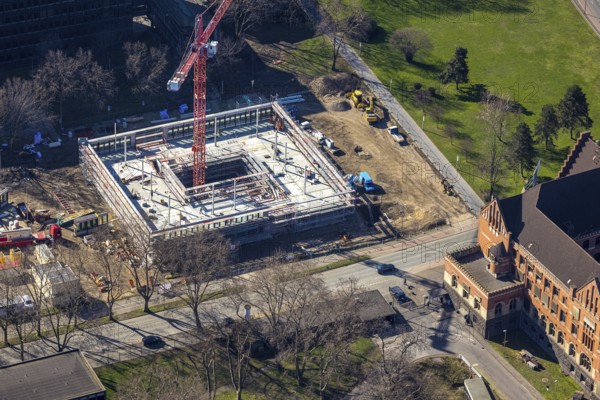 Aerial view, construction site new building on the administration site thyssenkrupp Steel Europe AG, Bruckhausen, Duisburg, Ruhr area, North Rhine-Westphalia, Germany, construction work, construction, construction area, construction site, building plots, construction crane, construction project, construction site, DE, Europe, Franz-Lenze-Straße, aerial view, aerial photography, aerial photography, new building, overview, bird's-eye view, bird's-eye view, overview