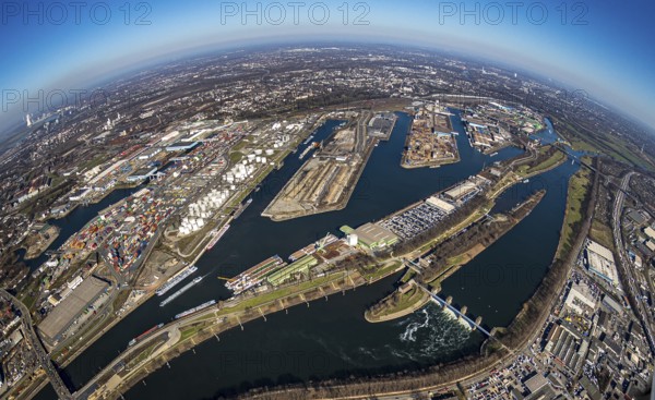 Aerial view, Duisburg harbour, coal island, Duisport, Rhine-Herne Canal, Ruhr, fisheye image, Ruhrort, Duisburg, Ruhr area, North Rhine-Westphalia, Germany, DE, Europe, birds-eyes view, aerial photography, aerial photography, overview, overview, bird's eye view