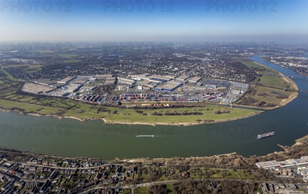 Aerial photo, Duisport, Duisburger Hafen AG, Logport I, container port, Rhine harbour, Friemersheim, Duisburg, Ruhr area, North Rhine-Westphalia, Germany, DE, Europe, birds-eyes view, aerial photograph, aerial photography, aerial photography, overview, bird's-eye view