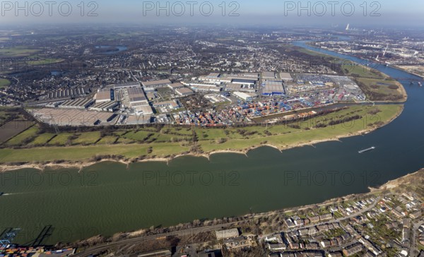 Aerial photo, Duisport, Duisburger Hafen AG, Logport I, container port, Rhine harbour, Friemersheim, Duisburg, Ruhr area, North Rhine-Westphalia, Germany, DE, Europe, birds-eyes view, aerial photograph, aerial photography, aerial photography, overview, bird's-eye view