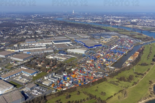 Aerial photo, Duisport, Duisburger Hafen AG, Logport I, container port, Rhine harbour, Friemersheim, Duisburg, Ruhr area, North Rhine-Westphalia, Germany, DE, Europe, birds-eyes view, aerial photograph, aerial photography, aerial photography, overview, bird's-eye view