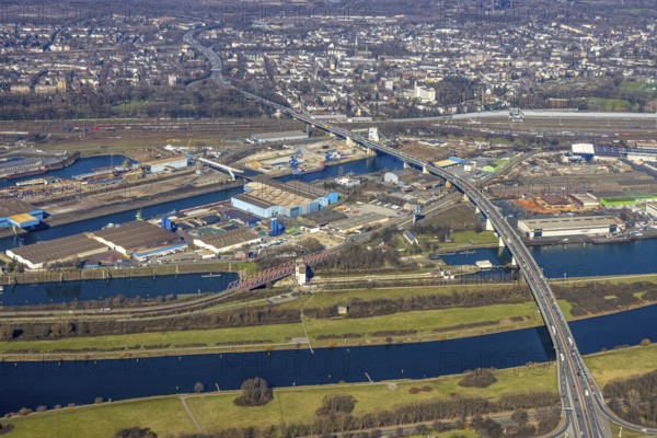 Aerial view, Duisburg harbour, coal island, Duisport, Rhine-Herne Canal, Ruhr, fisheye image, Ruhrort, Duisburg, Ruhr area, North Rhine-Westphalia, Germany, DE, Europe, birds-eyes view, aerial photography, aerial photography, overview, overview, bird's eye view