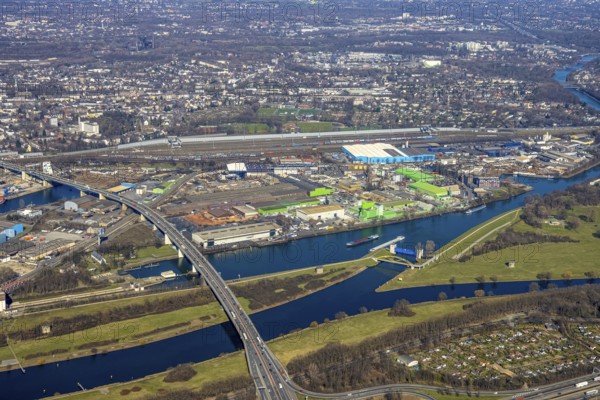 Aerial view, Duisburg harbour, coal island, Duisport, Rhine-Herne Canal, Ruhr, fisheye image, Ruhrort, Duisburg, Ruhr area, North Rhine-Westphalia, Germany, DE, Europe, birds-eyes view, aerial photography, aerial photography, overview, overview, bird's eye view
