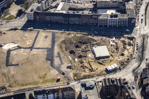 Aerial view, construction site for new residential complex, Mercator Quartier Duisburg, Gutenbergstraße, Oberstraße, Altstadt, Duisburg, Ruhr area, North Rhine-Westphalia, Germany, construction work, building, construction area, building site, building plots, construction project, construction site, DE, Europe, aerial view, aerial photography, aerial photography, new building, overview, bird's-eye view, bird's-eye view, overview