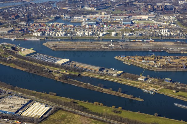 Aerial view, Duisburg harbour, coal island, Duisport, Rhine-Herne Canal, Ruhr, fisheye image, Ruhrort, Duisburg, Ruhr area, North Rhine-Westphalia, Germany, DE, Europe, birds-eyes view, aerial photography, aerial photography, overview, overview, bird's eye view