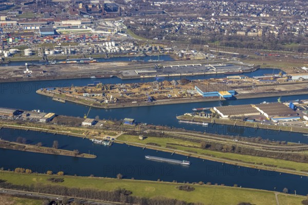 Aerial view, Duisburg harbour, coal island, Duisport, Rhine-Herne Canal, Ruhr, fisheye image, Ruhrort, Duisburg, Ruhr area, North Rhine-Westphalia, Germany, DE, Europe, birds-eyes view, aerial photography, aerial photography, overview, overview, bird's eye view
