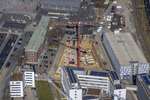 Aerial view, construction site Wuhanstraße Quartier 1, federal police building, new building Duisburg City Office, University of Applied Sciences for Public Administration, Dellviertel, Duisburg, Ruhr area, North Rhine-Westphalia, Germany, B&B Hotel, construction work, construction, construction area, building site, building plots, construction project, construction project, construction site, DCO, DE, Europe, gastronomy, commercial enterprises, commercial area, commercial location, commercial use, hotel, hotel facilities, hotel industry, Lanuv, aerial view, aerial photography, aerial photography, new building, overview, bird's-eye view, birds-eyes view, overview